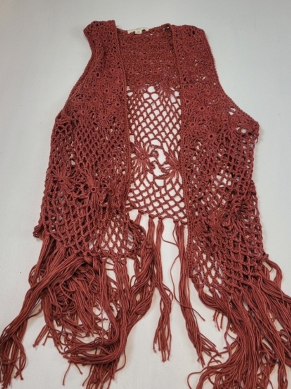 BLL New York Crocheted Fringe Vest in Rust-Terracotta 2xl